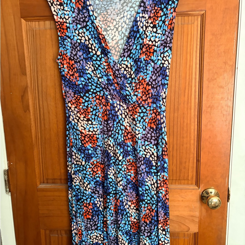 Women’s V-Neck Floral Print Wrap Dress - Blue & Orange
